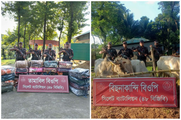 সিলেট সীমান্তে বিজিবির অভিযান: পৌনে ২৩ লাখ টাকার চোরাচালানি মালামাল জব্দ